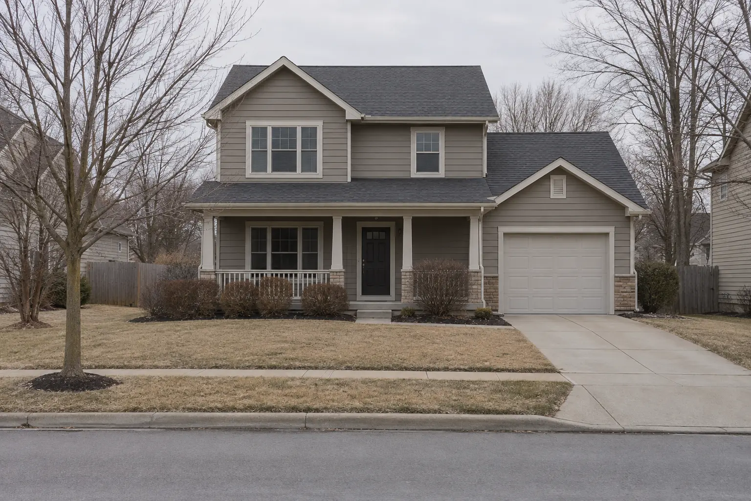 A two-story American suburban house in good repair under flat overcast light